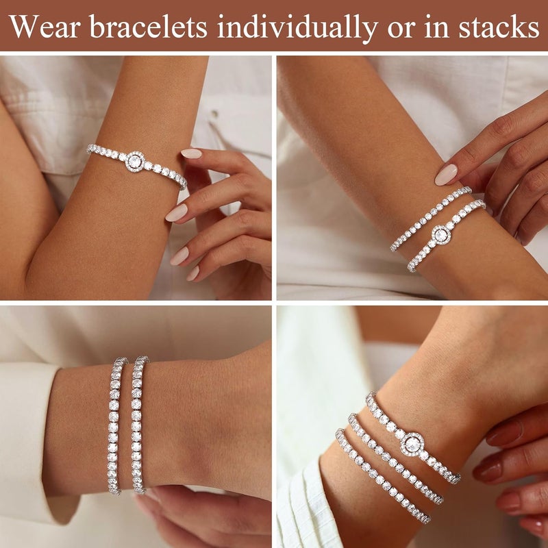 Yadoca Tennis Bracelets For Women - Silver Plated Bracelet Stack Cubic Zirconia CZ Diamond Adjustable Stackable Bracelets Set For Prom Wedding Jewelry Gift 3Pcs - Image 5